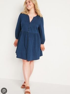 Old Navy Dark Blue Button-Front Long Sleeve Denim Dress